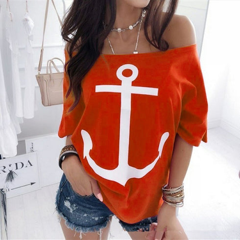 Loose Shoulder Bat Shirt Printed T-Shirt Women - ROUTINE FASHION